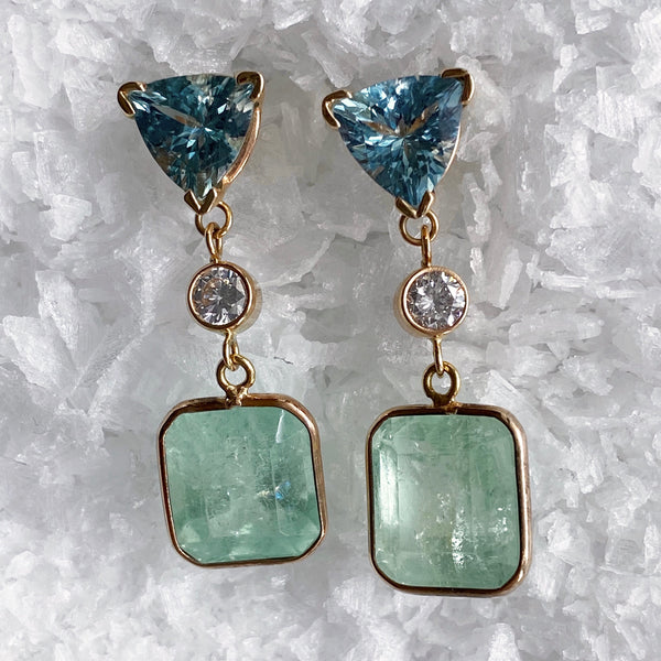 Sea Foam Emerald Diamond and Aquamarine Earrings